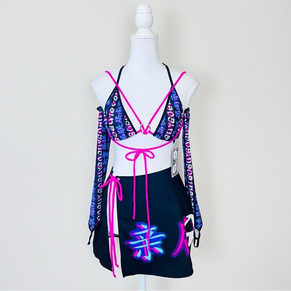 NWT GoGuy Delusion Black & Neon Pink Strappy Top, Skirt & Arm Gloves Rave Set - Picture 1 of 15